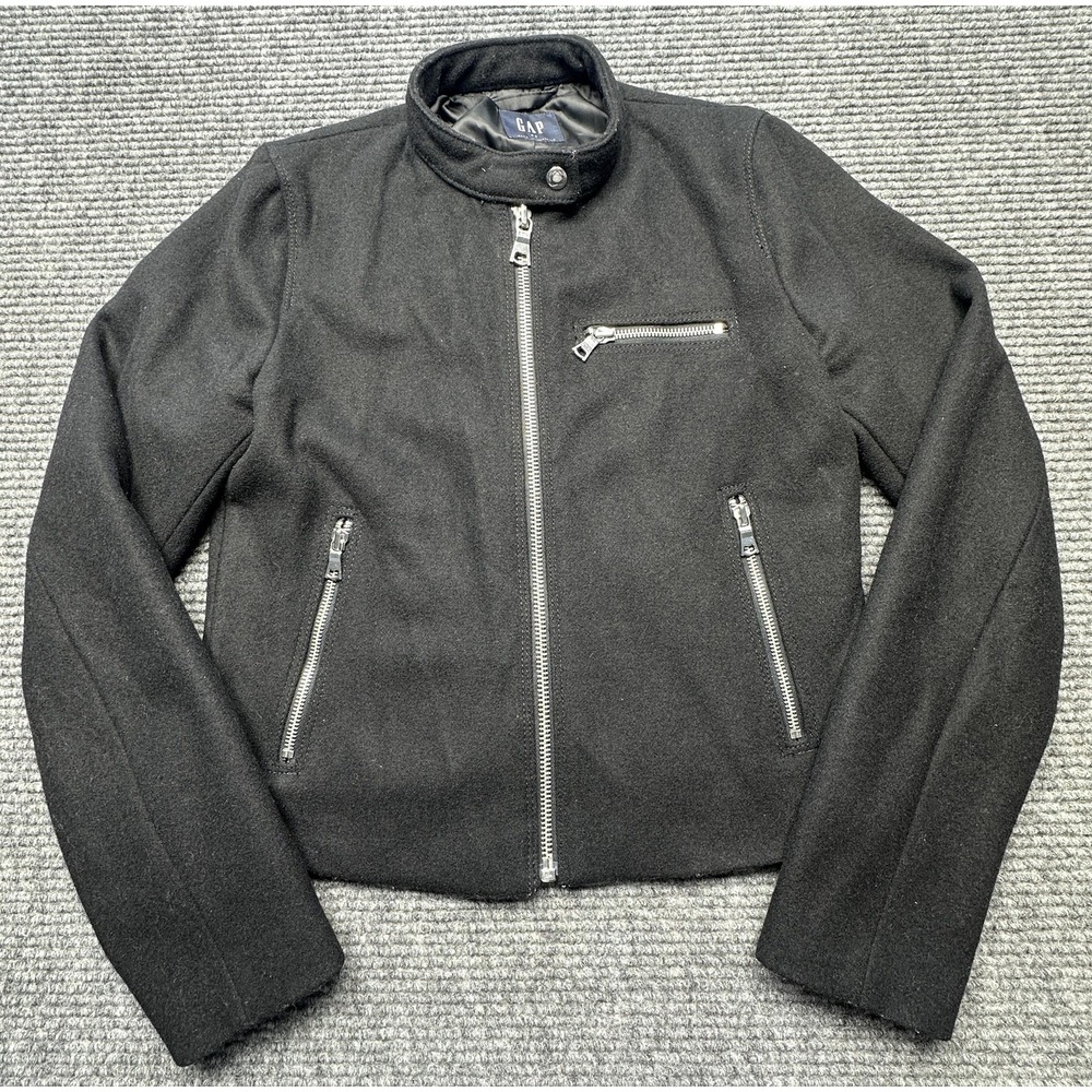 Gap Moto Jacket Womens XS Black Wool Full Zip Collared Lined Zipper‎ Pockets